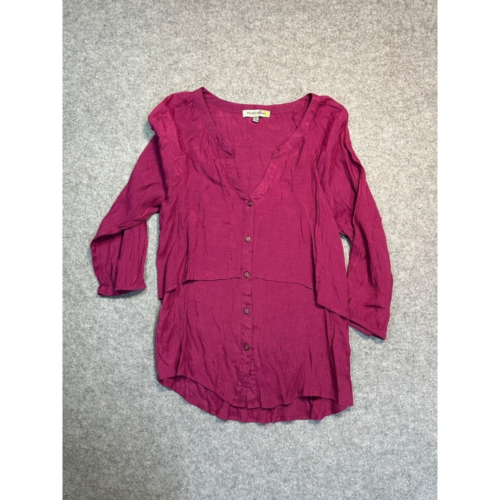 Figler California Womens XL Berry Magenta Tiered Button Front 3/4‎ Sleeve Blouse